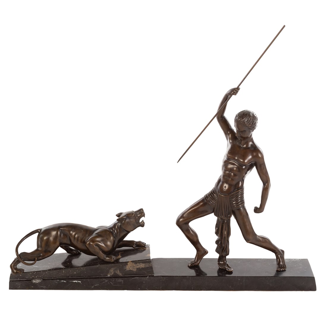 Art Deco Bronze Figural Group of a Hunter & Prey: (20th century) Patinated cast bronze figural group, unsigned, mounted on a black marble plinth, 33 in. H, 37 1/2 in., 5 in. D, including base