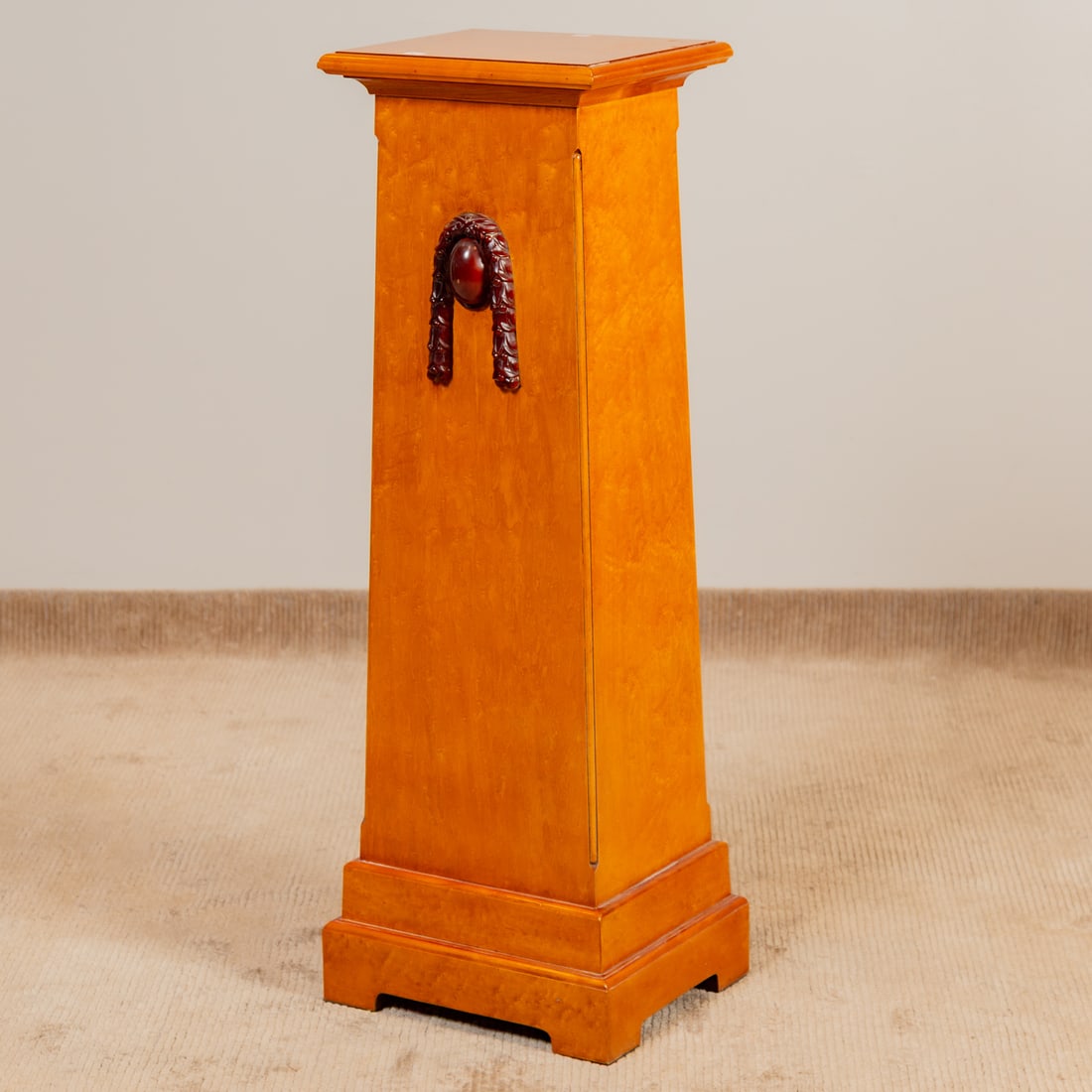 Victorian Style Bird's Eye Maple Pedestal: Square tapered pedestal with stained carved maple applied decoration, 44 1/2 in. H, 12 in. Sq.