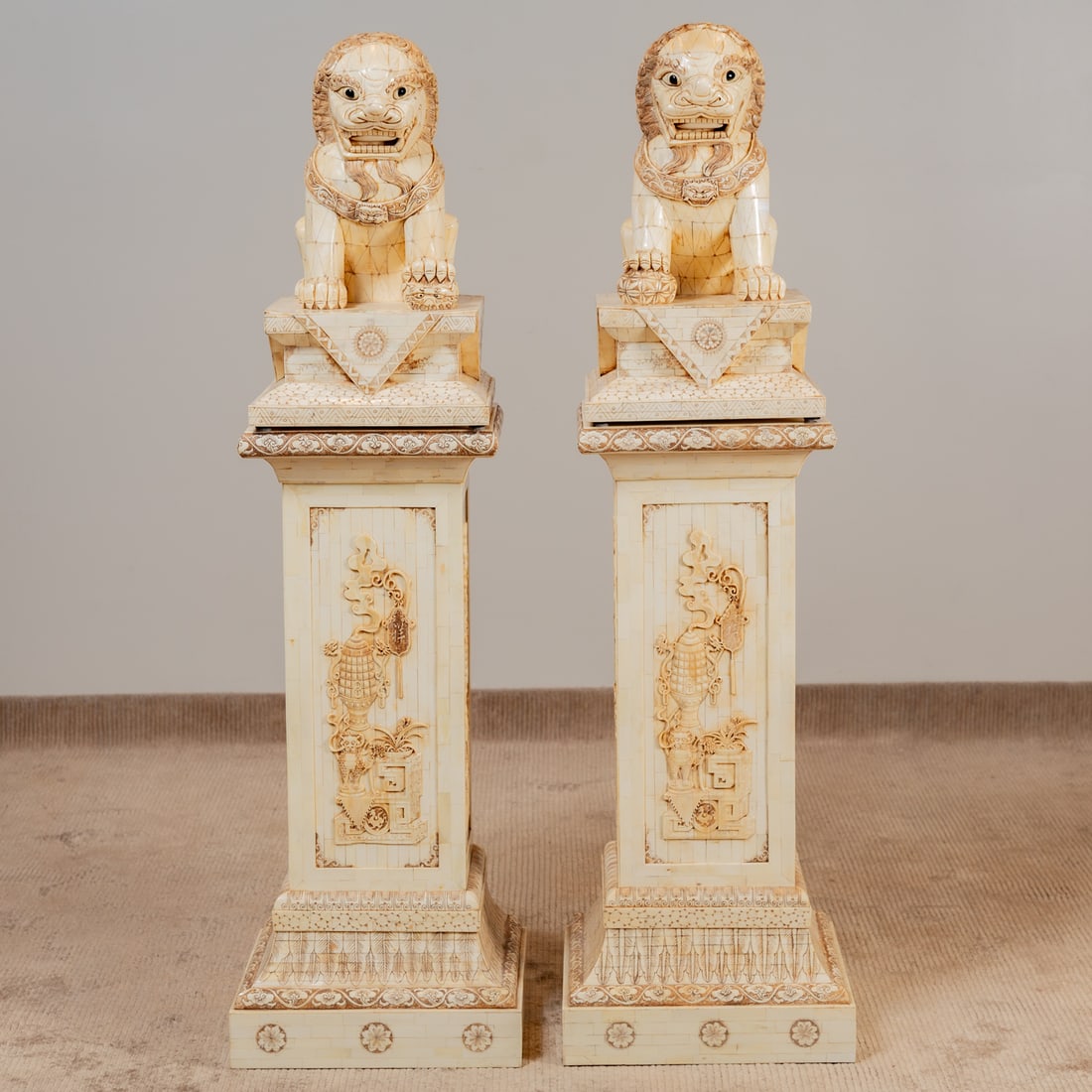 A Pair of Chinese Bone Foo Dogs & Pedestals (1 of 8)