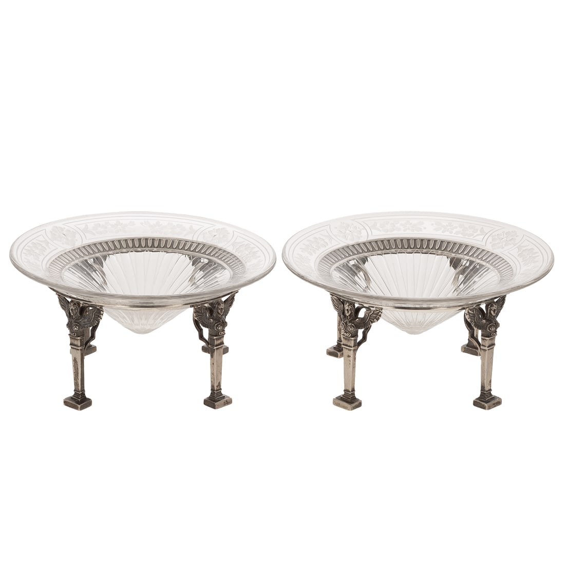 A Pair of Dominick & Haff Sterling-Mounted Compotes: Late 19th/early 20th century, model# 4080, the bases modeled in the Empire style, with caryatid supports, stylized feather border, with etched clear and frosted glass inserts, frame sizes: 3 in. H, 3