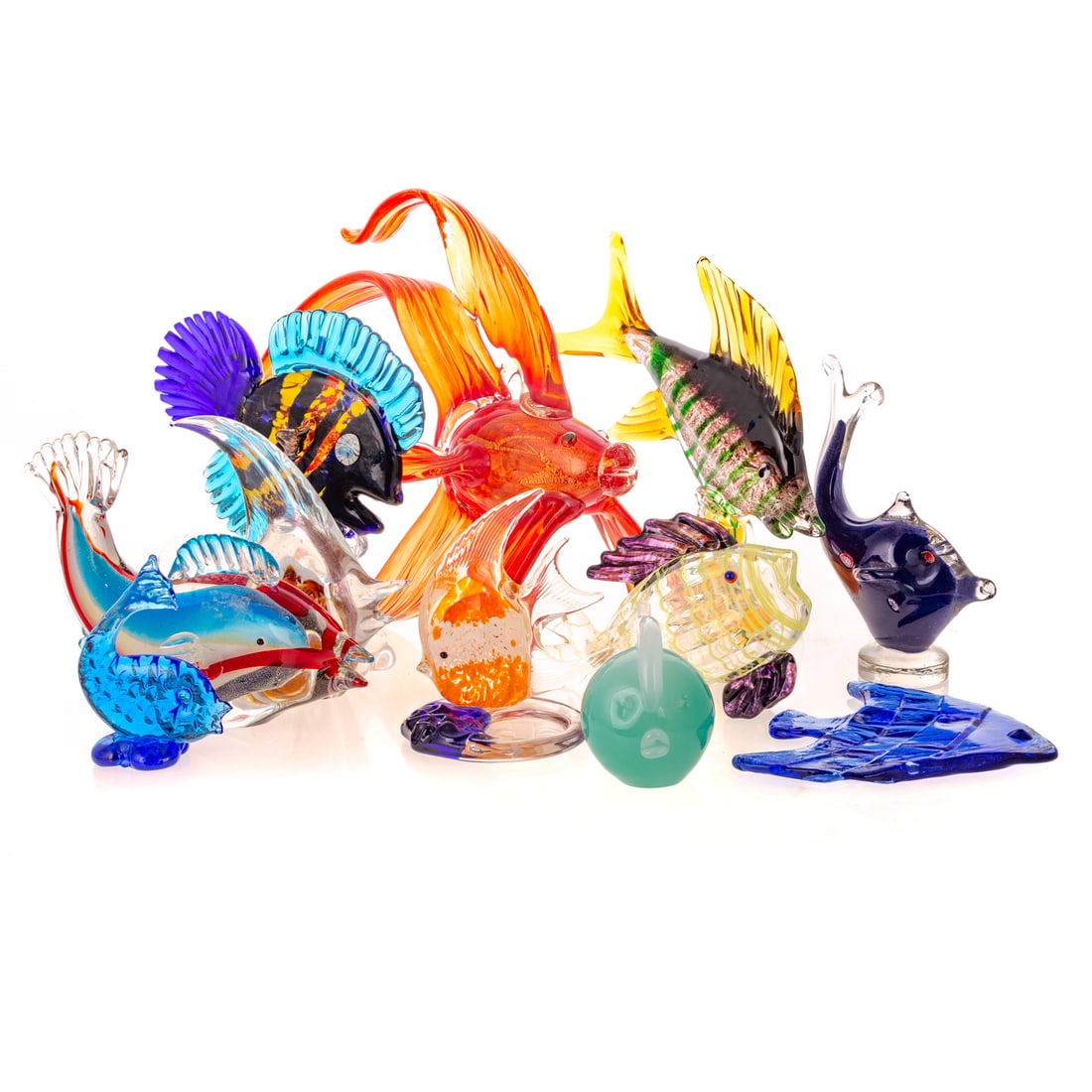 Collection of Art Glass Fish: Comprising 11 assorted fish, one signed B. Boynton and dated 2002, largest is 11 in. H
