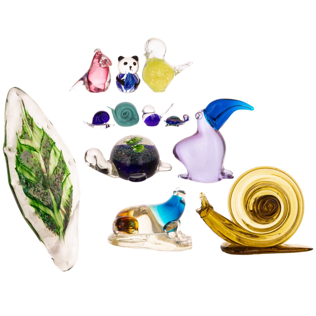Collection of Art Glass Animals: 12 pieces including: four birds, three snails, two turtles, frog, panda, and a large leaf