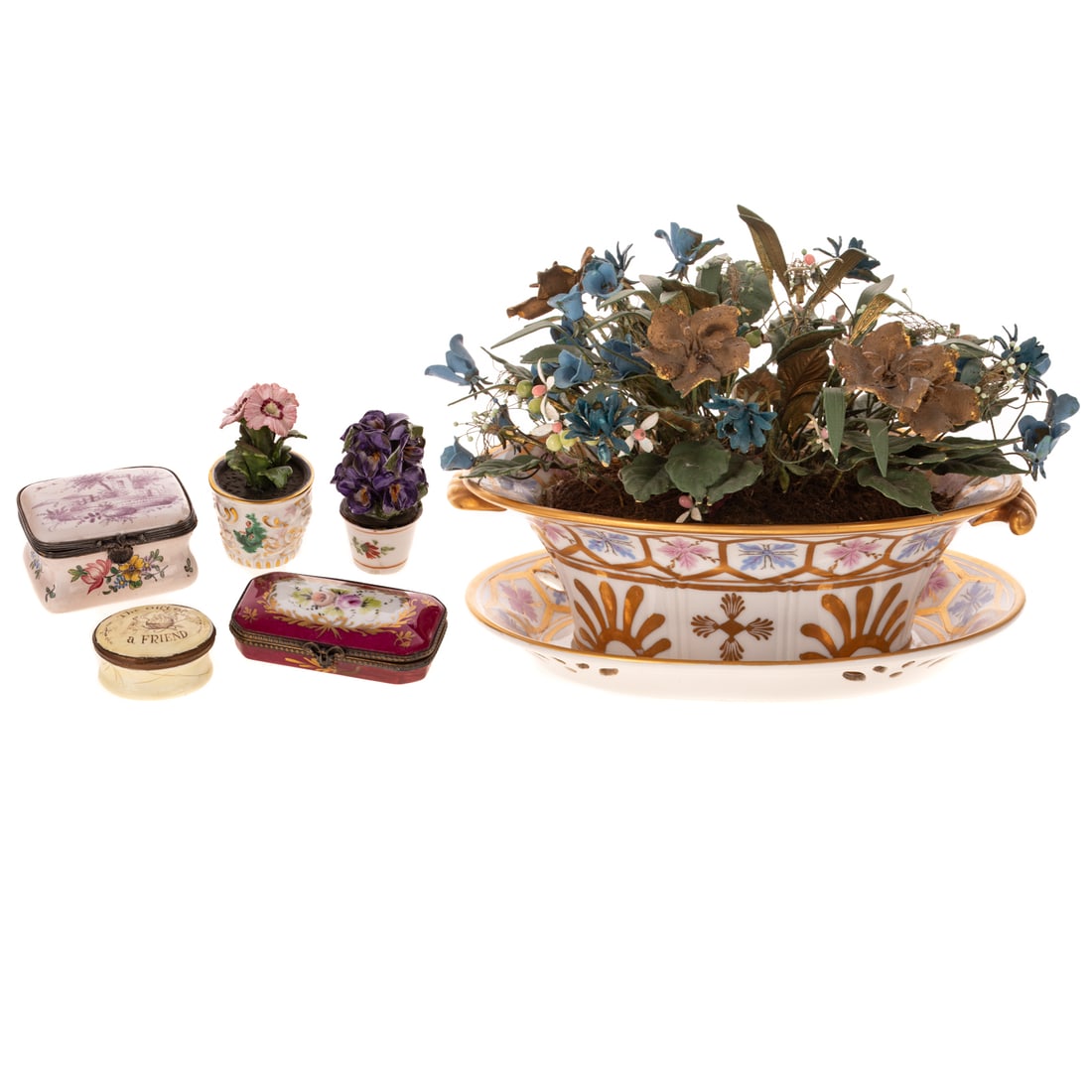 Jane Hutcheson Gorham Enamel Floral Bouquet: From the Fleurs des Siecles gift line, in a porcelain pot with undertray, approx. 7 1/4 in. H overall; a miniature Chelsea-style porcelain flowering pot, 2 7/8 in. H, a miniature porcelain flowering