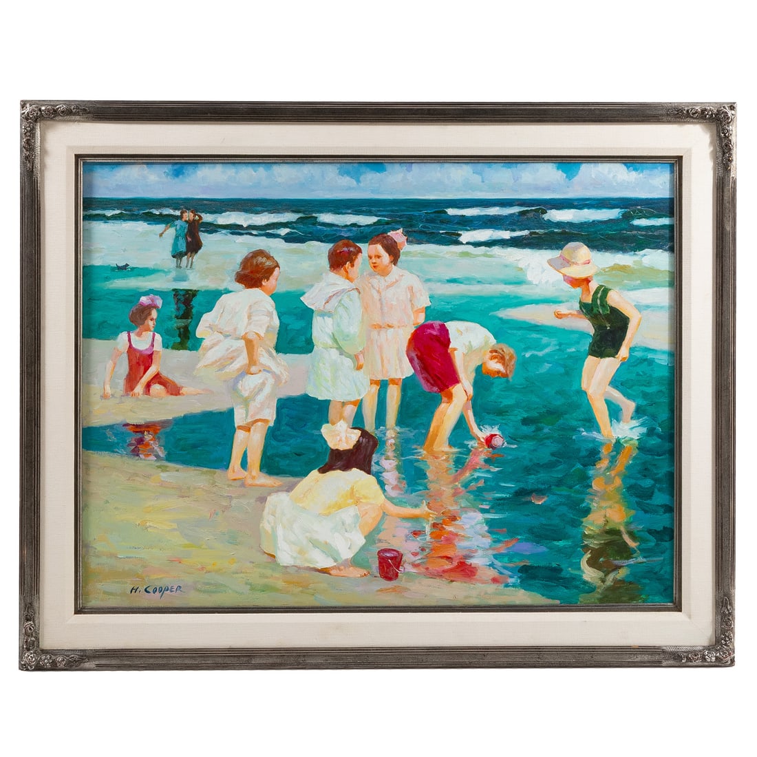 H. Cooper. Children Playing in the Surf, oil: (20th century) Oil on canvas, signed "H. Cooper" ll, sight size: 29 1/2 x 39 1/2 in., framed size: 38 1/2 x 47 1/2 in.