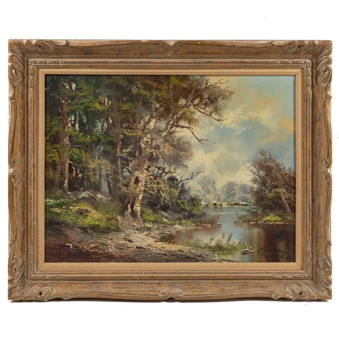 Sepp Sedlmair. Trees by the River, oil: (German, 20th century) Oil on canvas, signed "Sedlmair, Munchen" lr, canvas maker stamp on verso, sight size: 23 1/4 x 31 1/4 in., framed size: 32 1/2 x 42 in.