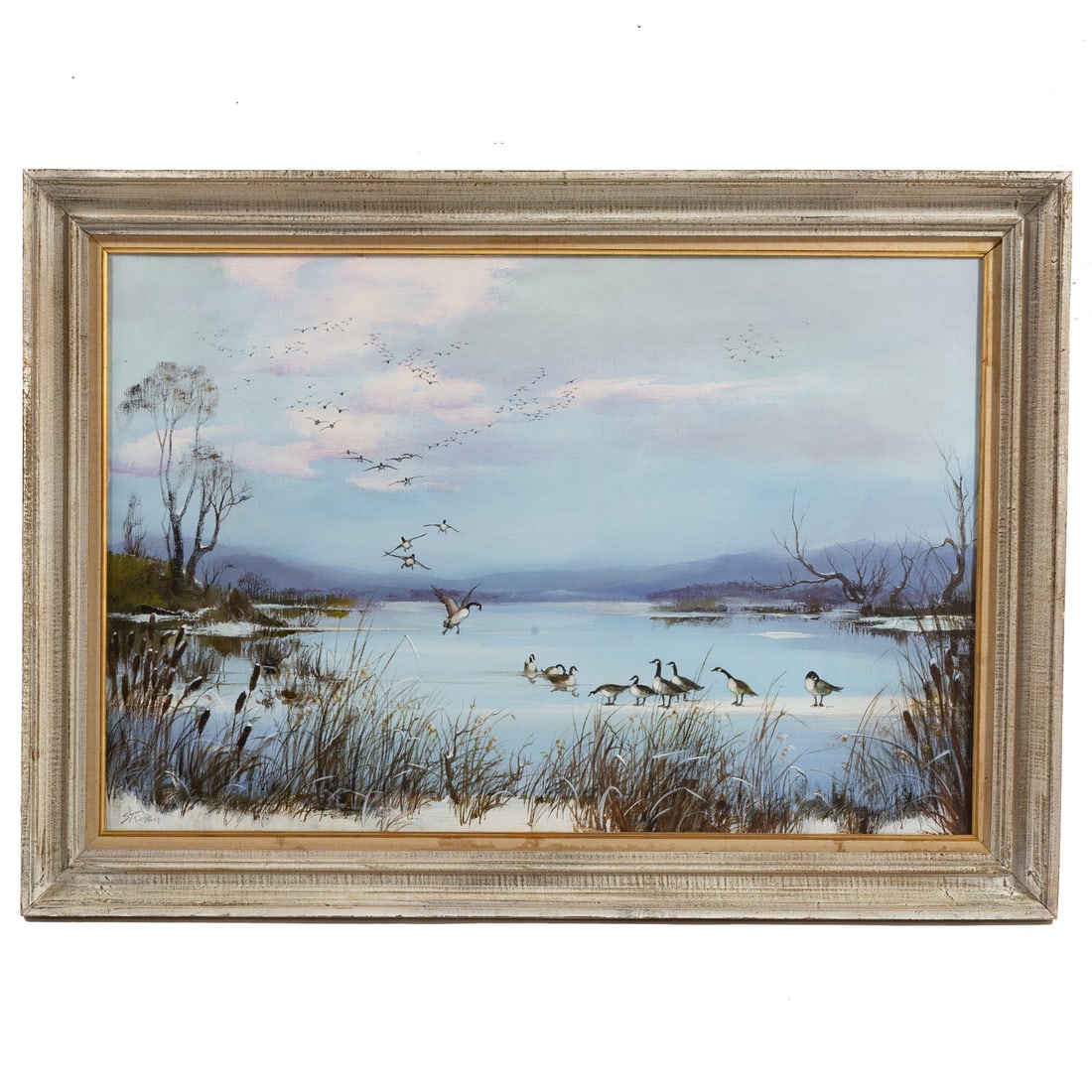 Helen Struven. Flying Geese, oil: (American, 1909-1986) Oil on canvas, signed "Struven" ll, sight size: 23 x 36 in., framed size: 30 x 42 in.