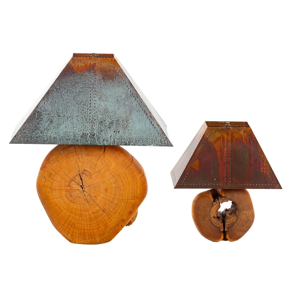 Two Live Edge Table Lamps: Natural wood bases, each with a pierced copper shade, bases only: 10 in. to 19 in. H