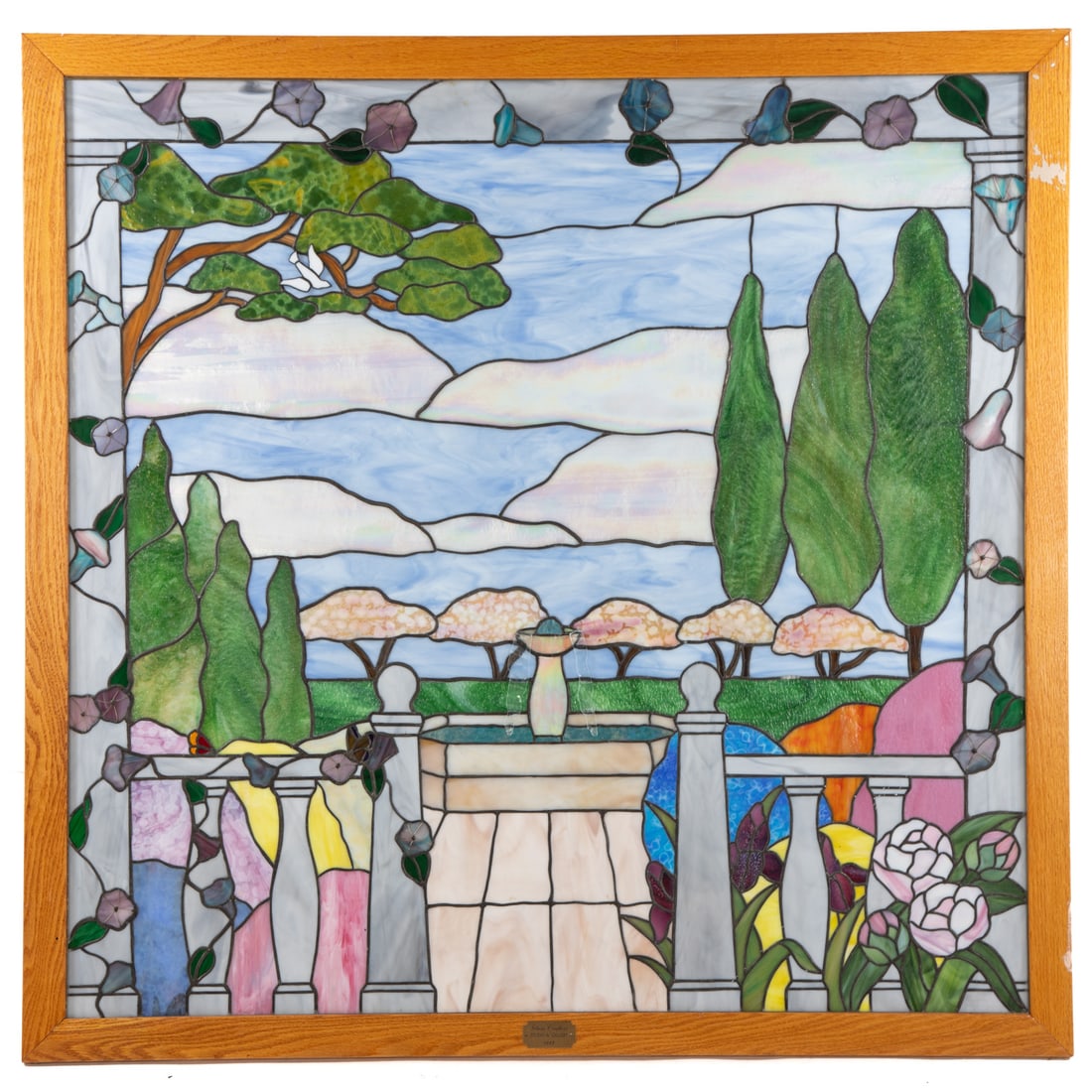 Large Glass Crafters Stained Glass Hanging Panel: With identifying plaque and dated 1999, depicting a landscape, framed, 48 in. H, 49 in. W overall