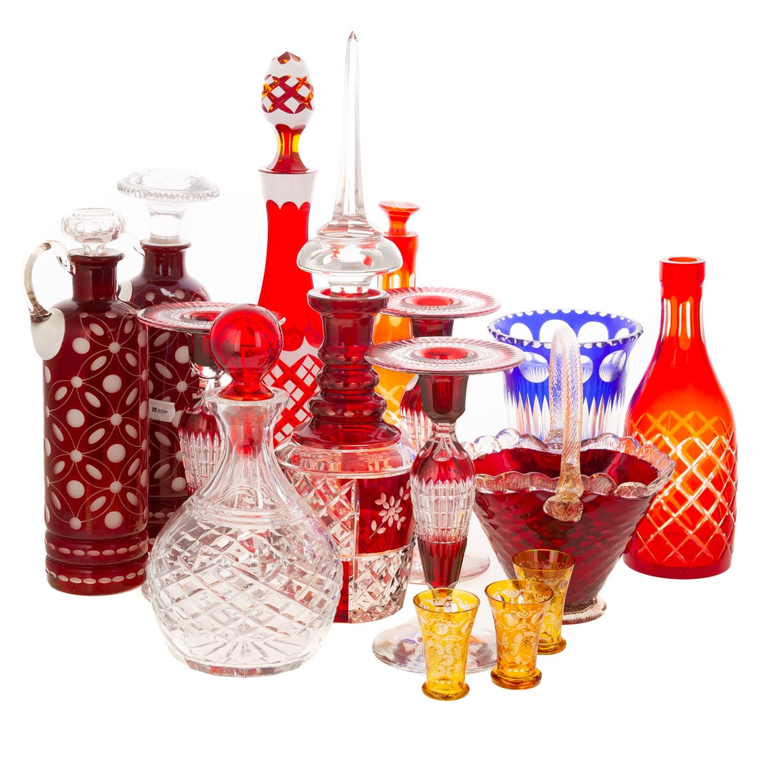 Collection of Mostly Ruby Cut-to-Clear Glass: With a cobalt vase and three yellow shot glasses with etched details, largest: 17 in. H