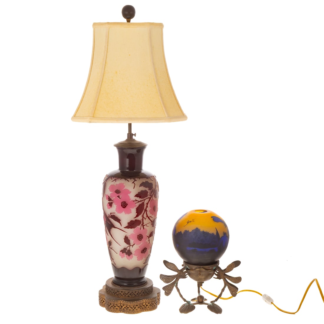 Two Cameo Glass Table Lamps: CMS Krasno, Bohemian red over white, 15 in. H; Galle type on patinated metal base, 10 1/2 in. H overall