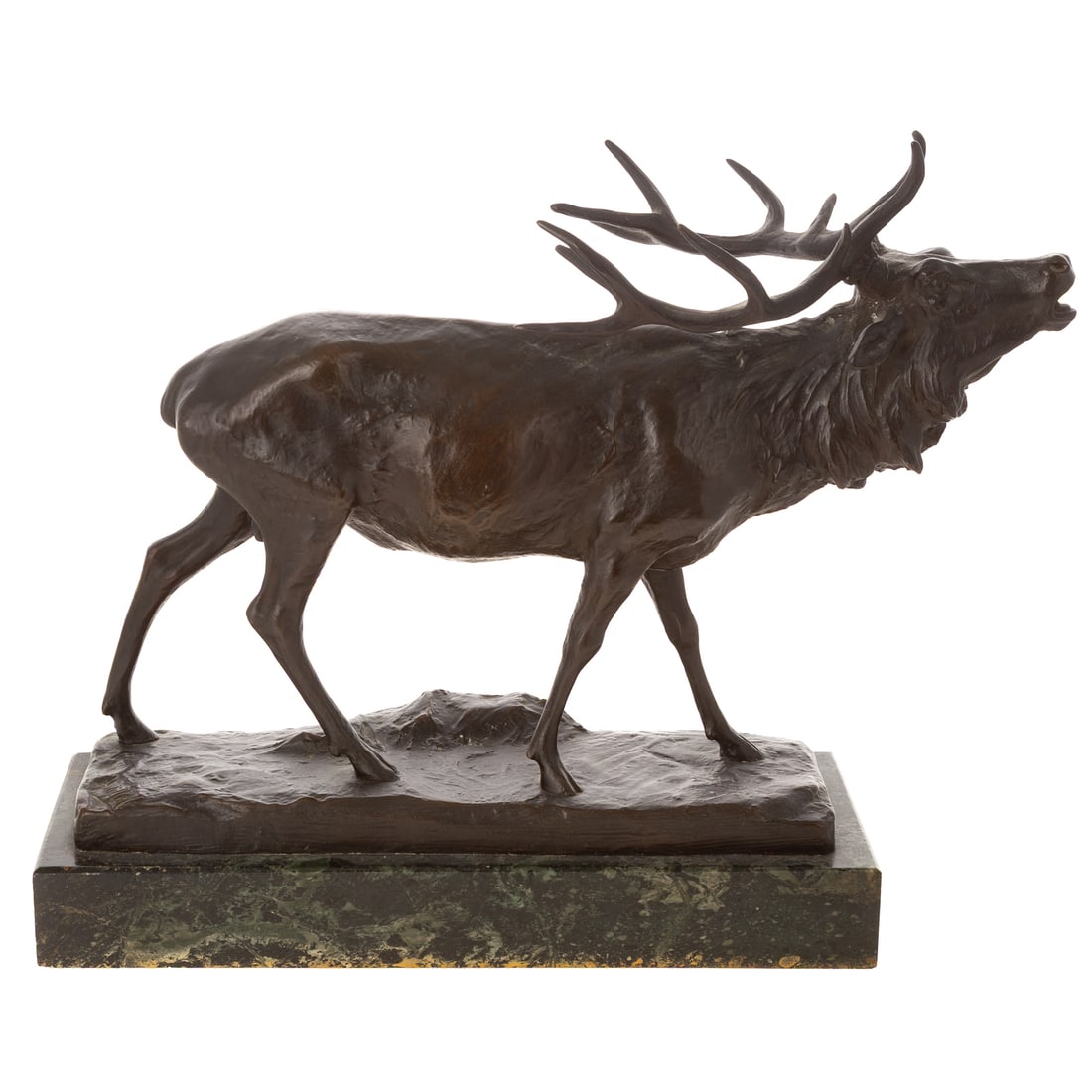 Striding Stag Patinated Bronze on Marble Plinth: After Hans Muller (1873-1937) incised signature to top of front left corner