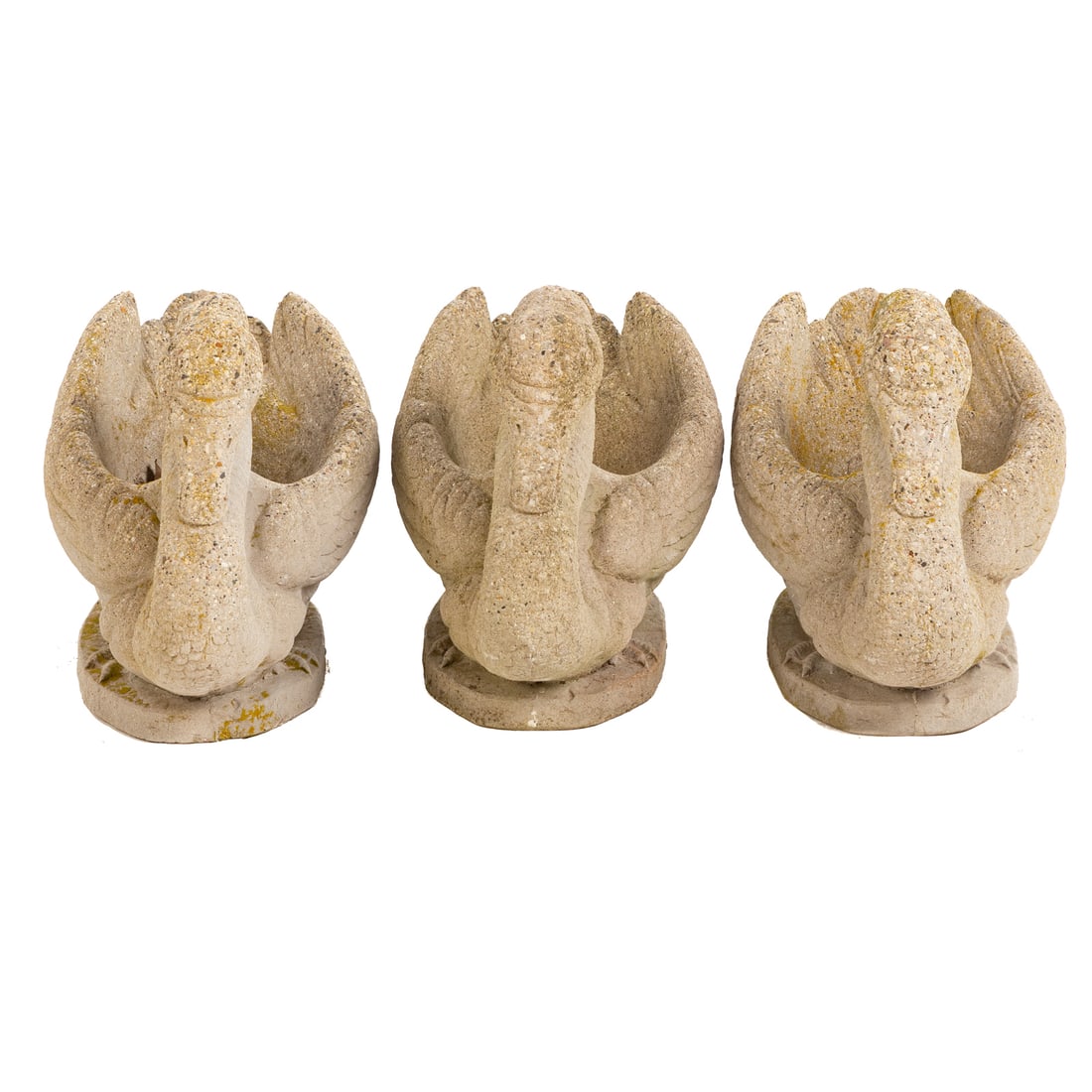 Three Cast Concrete Swan Form Planters: Each: 16 in. H, 22 in. W, 12 in. D
