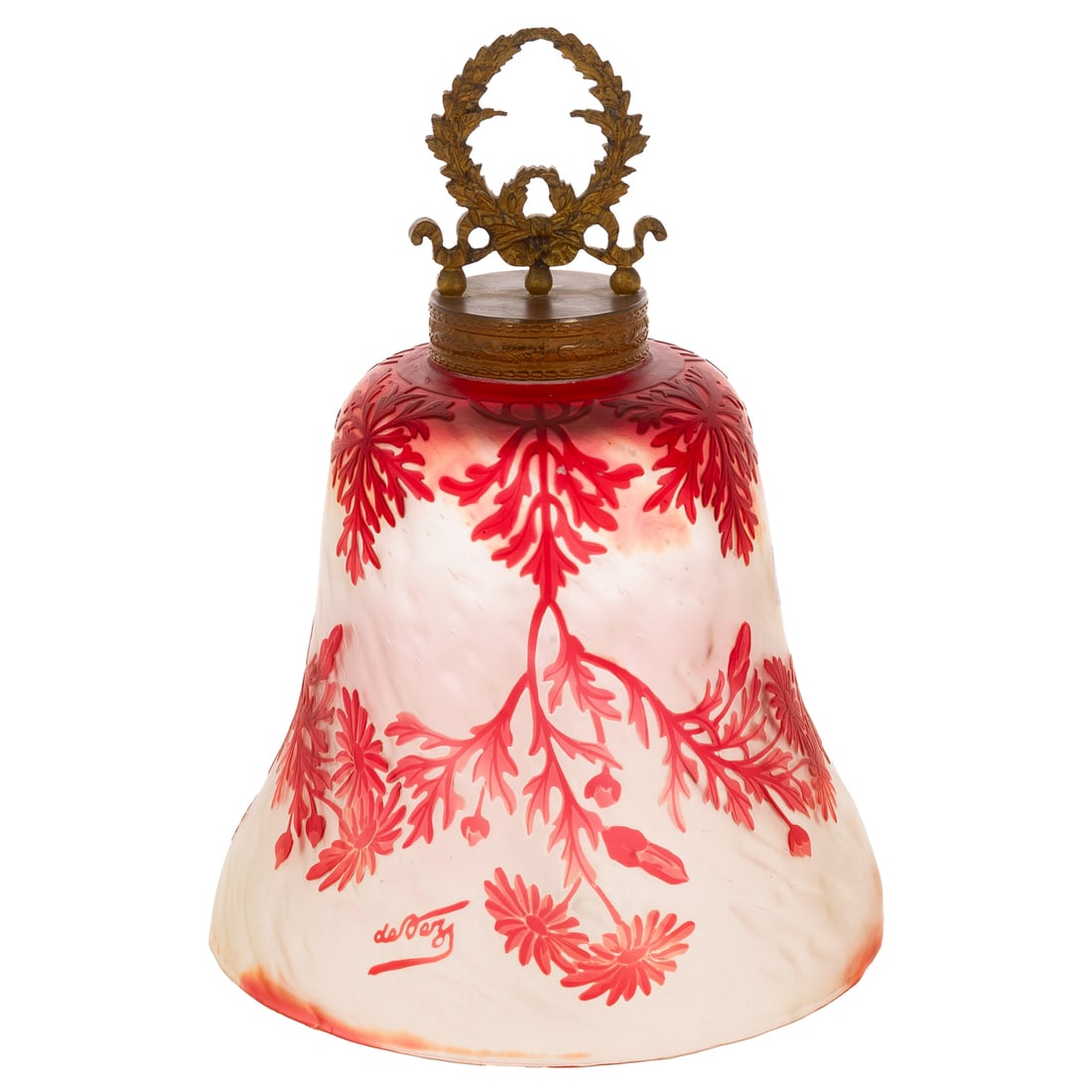 De Vez Cameo Glass Bell with Ormolu Mount: Red on colorless, mixed floral motif, 9 3/4 in. H overall