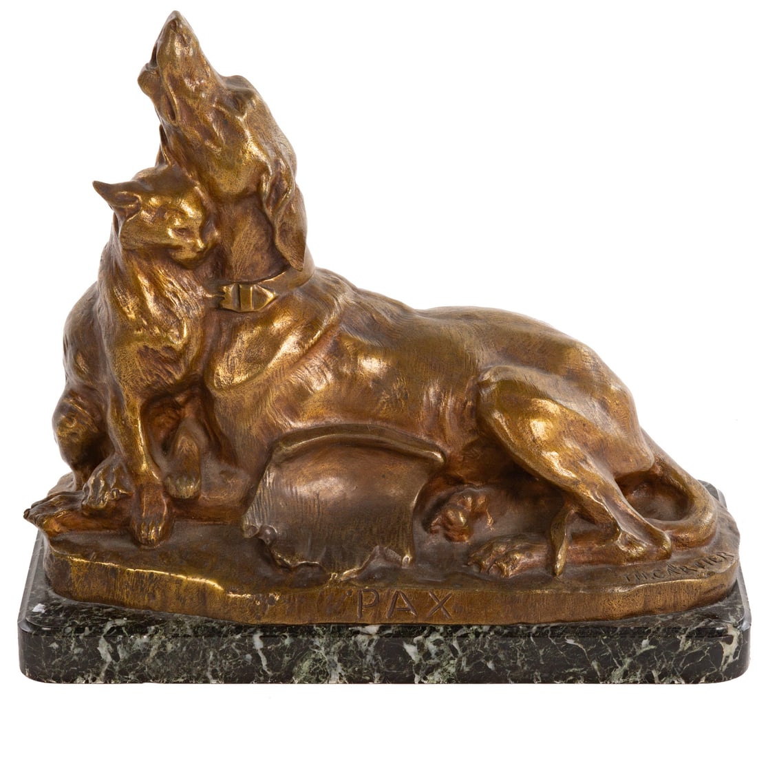 Patinated Metal Cat & Dog Figural Group: Having a gilt patina and mounted to green variegated marble plinth; near dog's tale incised Th. Cartier, purportedly for Thomas Francois Cartier (1879 - 1943) measures: 13 1/2 in. H, 14 3/4 in. W