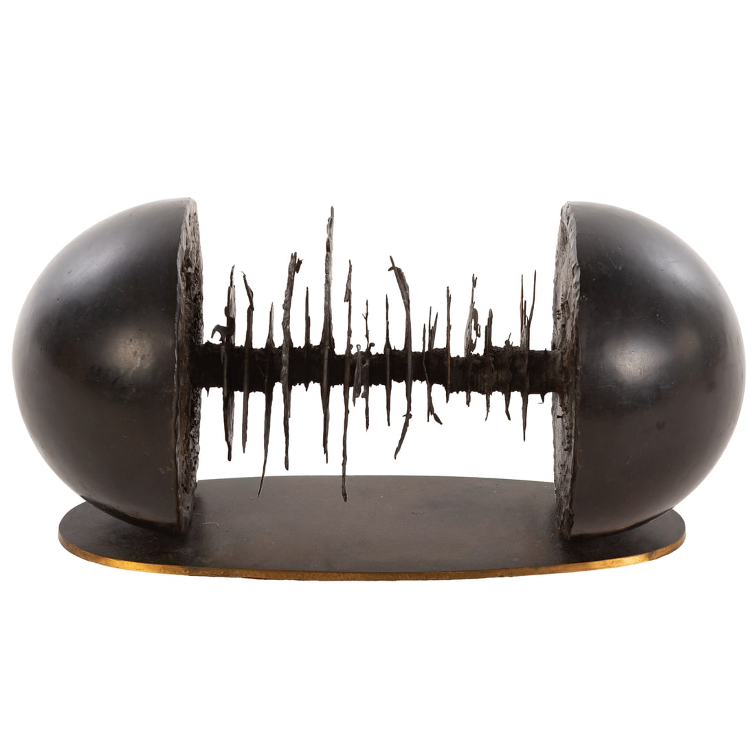 Brutalist Bronze & Metal Gear Sculpture: 20th century, bronze and mixed metal Brutalist sculpture comprising two half spheres connected by metal spiked gears, signature not visible, sculpture affixed to base, 10 in. H, 19 in. W, 9 in. D