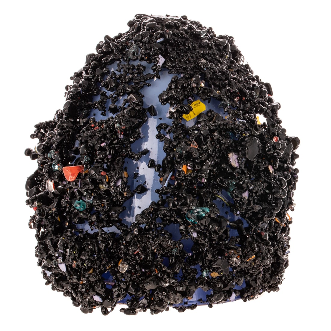 Contemporary Glass Vessel Sculpture: 20th century, comprising a blue glass egg shaped vase adorned with affixed web-like black glass beads interspersed with multicolored glass beads, parts of the blue vase visible through the beading,