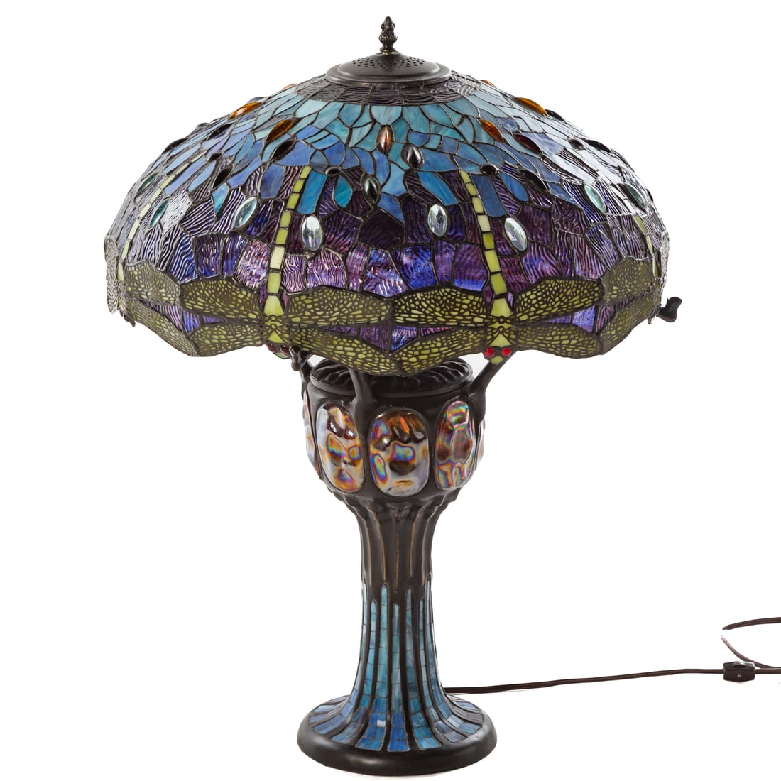 Tiffany Style Art Glass Dragonfly Table Lamp: 20th century, three-light patinated metal base, with mosaic glass tiles and iridescent glass inserts, the shade with dragonflies, 29 in. H, 23 in. Diam.