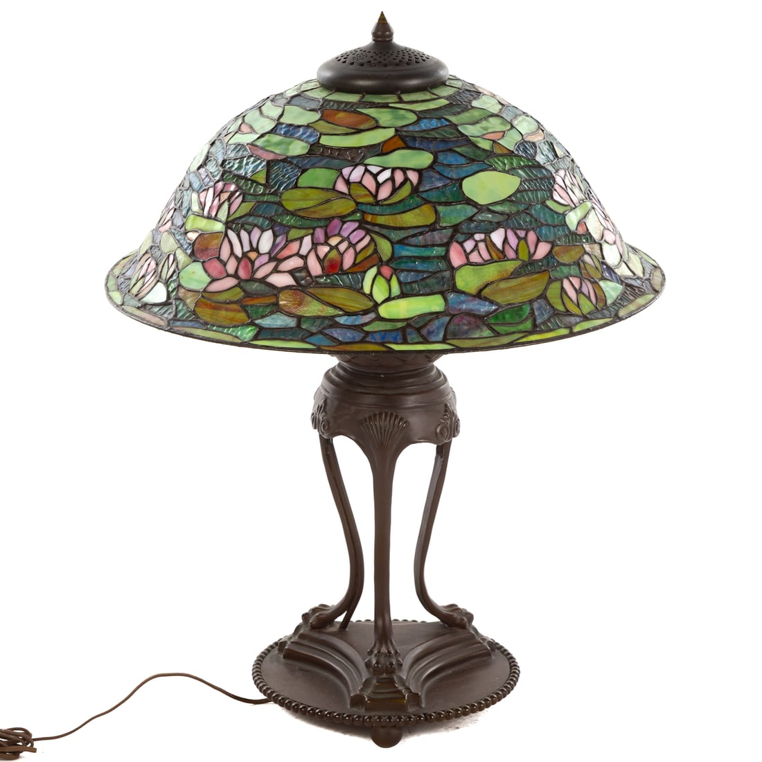 Dale Tiffany Water Lily Lampshade with Base: Interior of shade with solder-applied metal tag; patinated metal renaissance revival style lamp base, 28 in. H