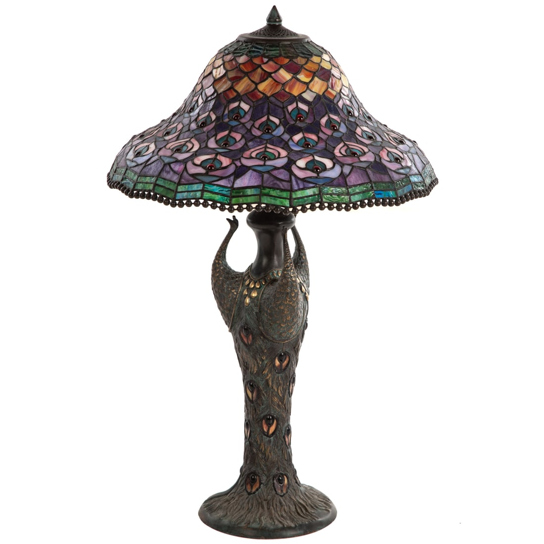 Orientalist Style Table Lamp & Varicolored Shade: Modern, verdigris bronze patinated peacock form table lamp base with feather-print pattern shade, 31 in. H of lamp base, shade: 20 in. Diam.