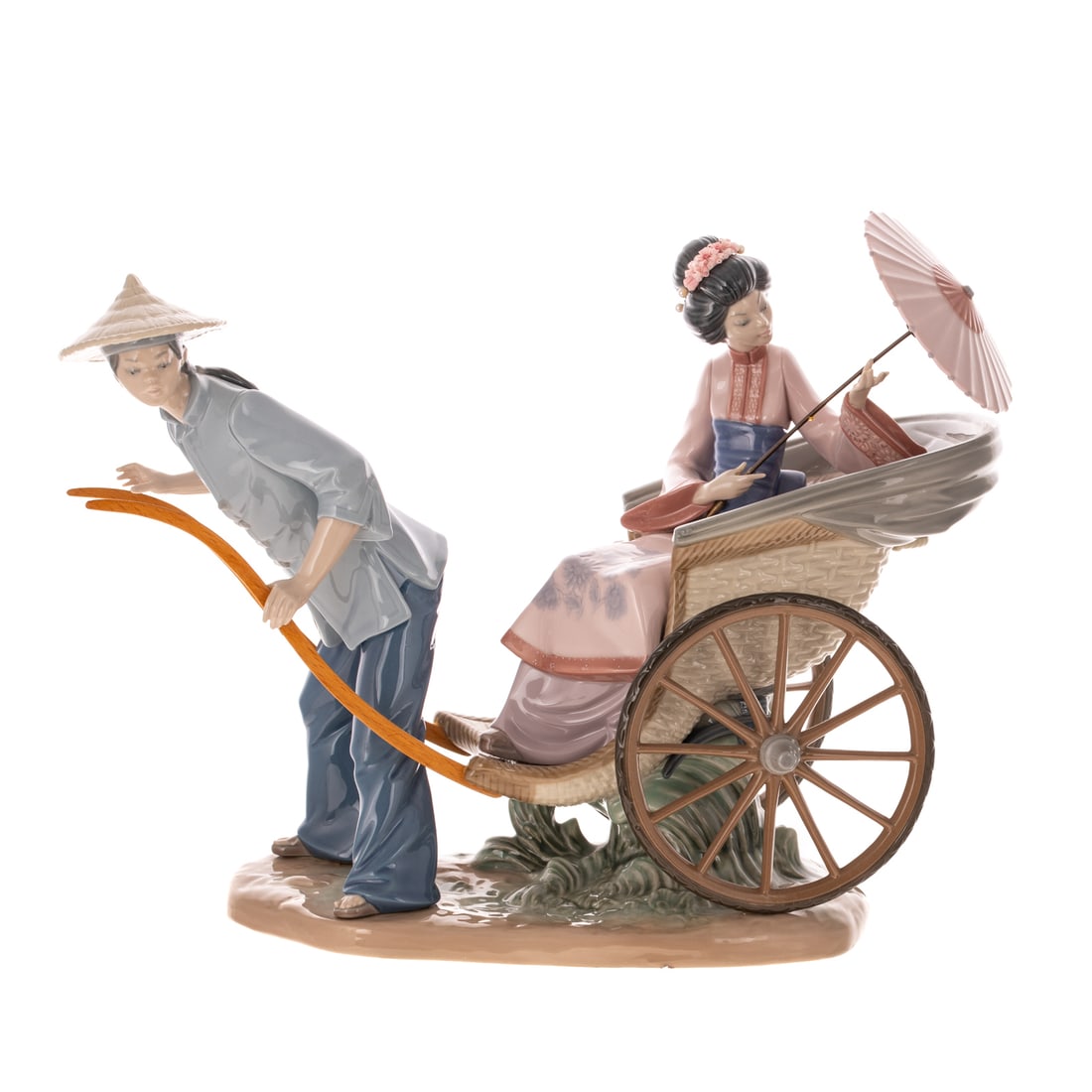 Lladro Porcelain Group "Rickshaw Ride": #1383, designed by Salvador Debon, 12 in. H, 15.5 in. W