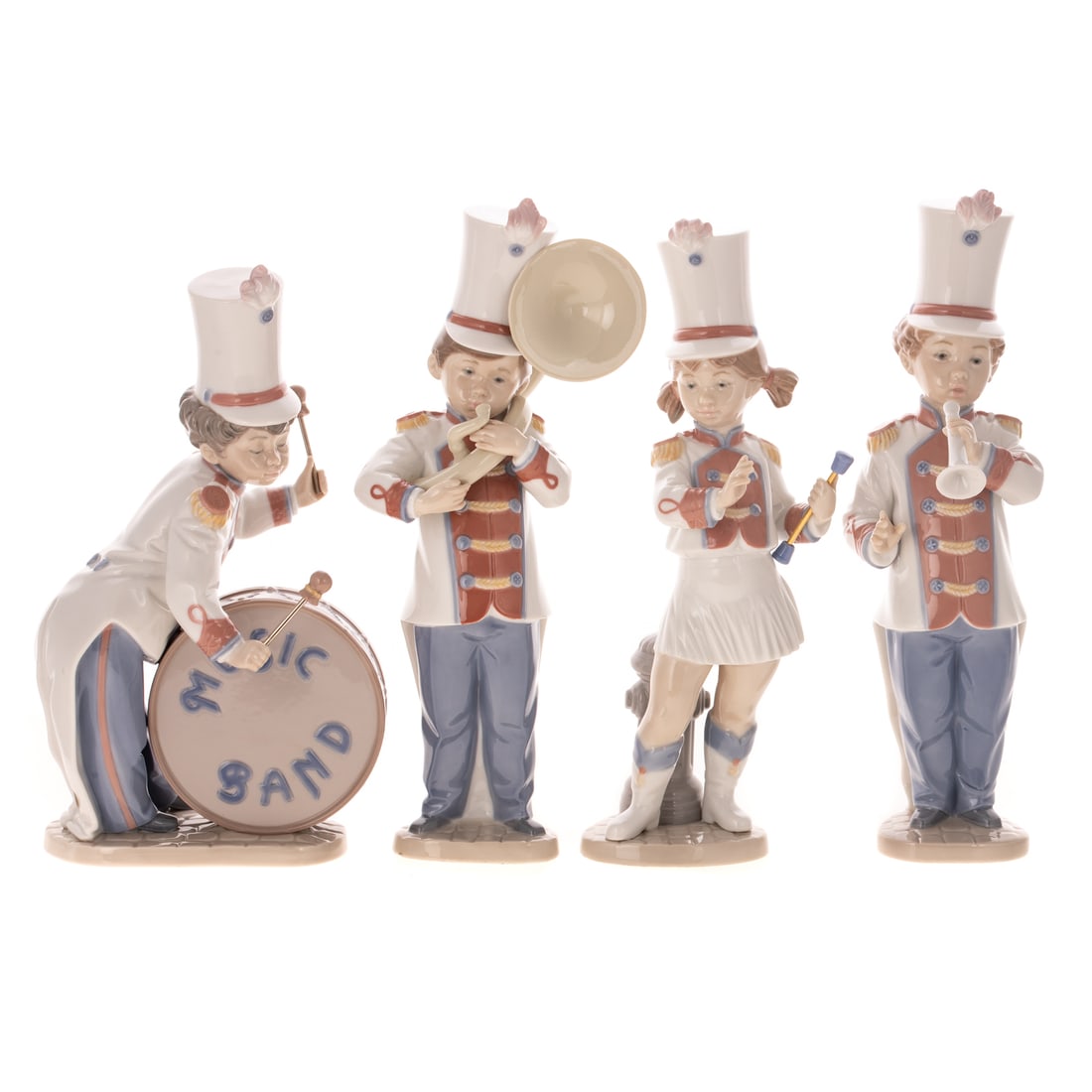 Lladro Porcelain Group "Marching Band": Group of four Lladro porcelain figures including: #6303, 6305, and 6306, size of tallest: 10 1/2 in. H