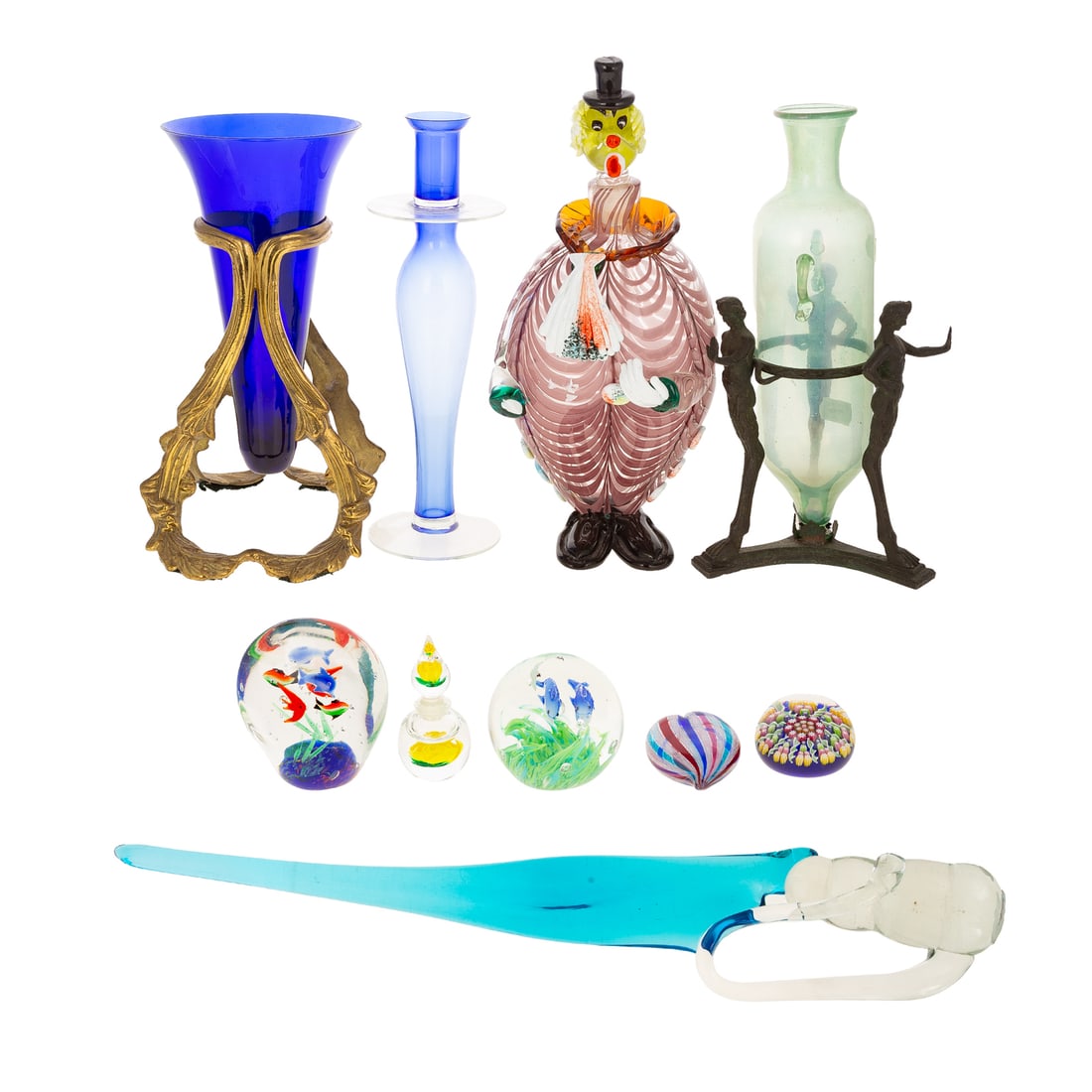 Collection of Art Glass: Including: latticino paperweight, millefiori paperweight, two other paperweights - one with dolphins and one with fish, perfume bottle, Murano figure of a clown, 13 1/2 in. H; an ornament, cobalt vase