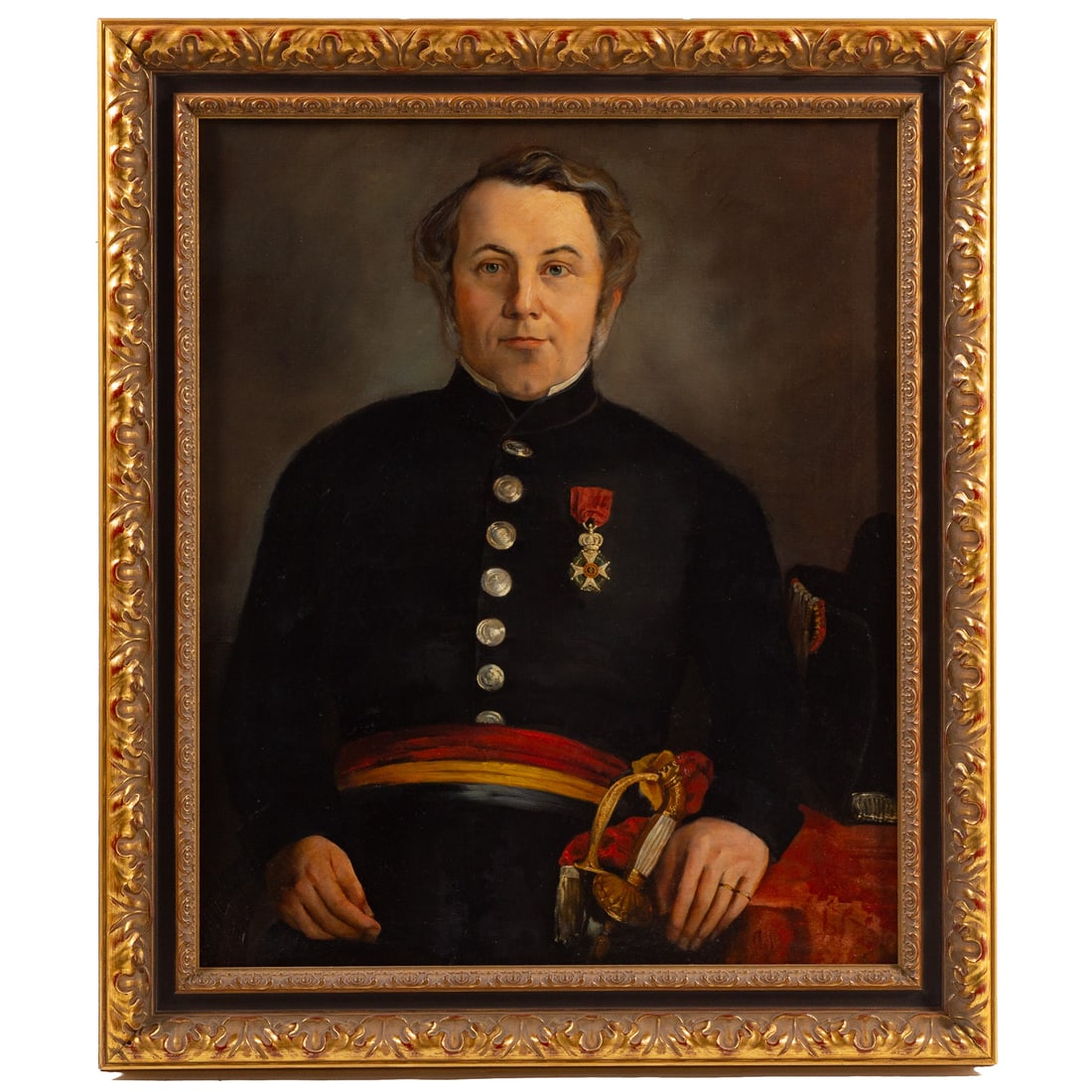 French School. Portrait of a Military Officer, oil: (19th century) Oil on canvas depicting a French military officer wearing the Legion of Honor medal, unsigned, sight size: 34 1/2 x 28 1/4 in., framed size: 42 3/4 x 36 1/4 in.