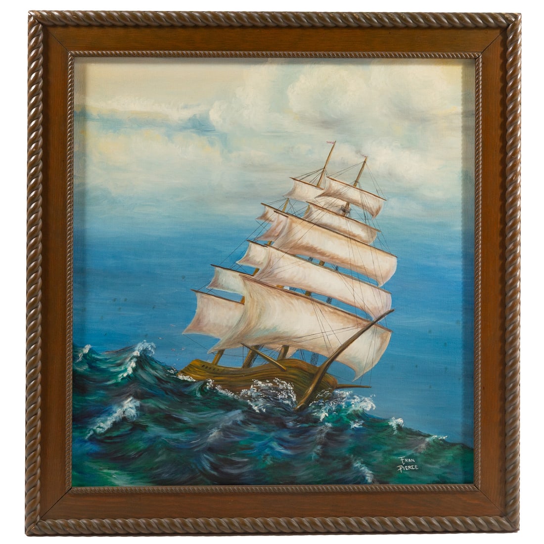 American School. Clipper Ship in Heavy Seas, oil: (20th century) Oil on canvas, signed "Fran Pierce" lr, sight size: 34 3/4 x 32 1/2 in., framed size: 42 1/2 x 40 in.