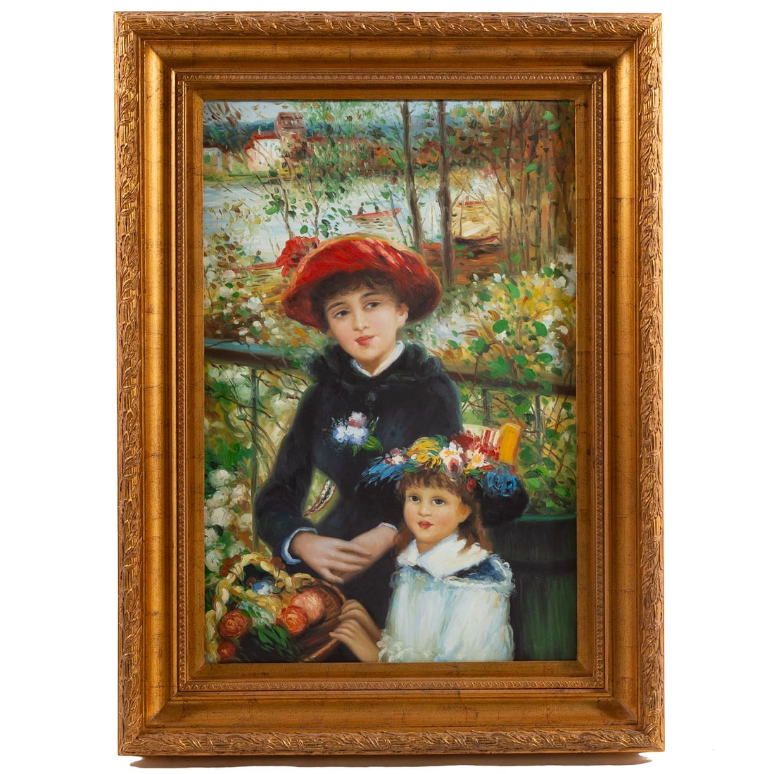 20th Century. Copy of Pierre-Auguste Renoir, oil: Oil on canvas, copy of "Two Sisters (On the Terrace)" by Pierre-Auguste Renoir, unsigned, sight size: 35 3/4 x 24 1/2 in., framed size: 39 3/4 in x 29 1/2 in.