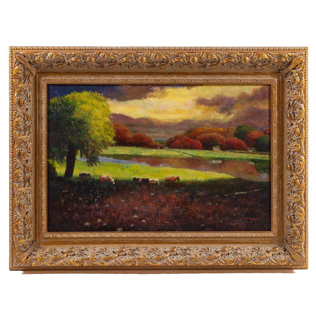 Edgar Vaughn. Lakeside Pasture with Cows, oil: (20th century) Oil on canvas, signed lr, sight size: 23 1/4 x 35 in., framed size: 35 x 47 in.