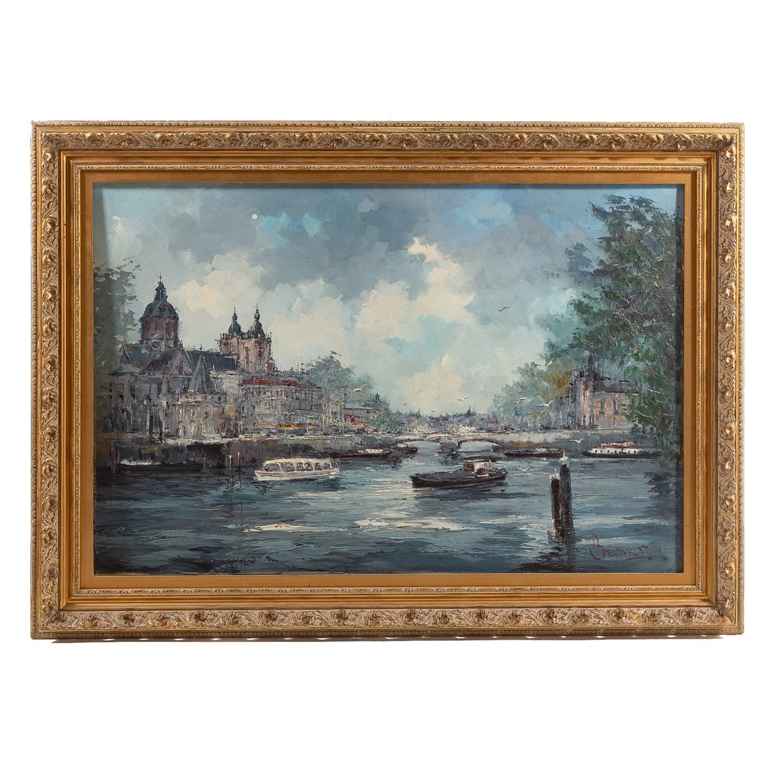 Jan Bevort. Amsterdam Scene, oil: (Dutch, 1917-1996) Oil on canvas, signed lr with faded informational label on verso, sight size: 31 1/2 x 47 1/2 in., framed size: 40 1/2 x 57 1/2 in.