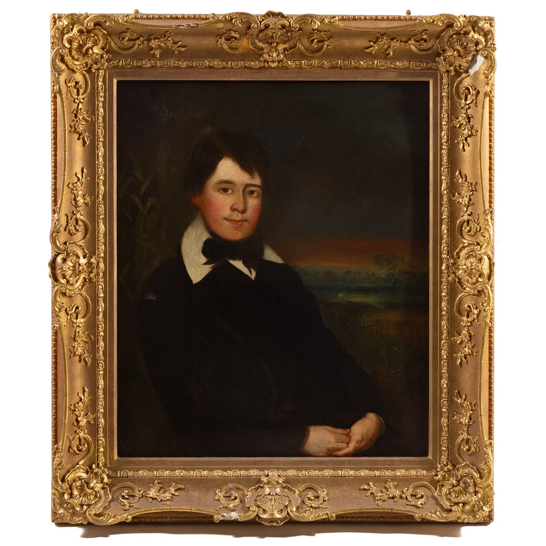 American School. Portrait of a Young Man, oil: (Mid-19th century) Oil on canvas, unsigned, sight size: 29 1/2 x 24 in., framed size: 39 1/2 x 34 in.
