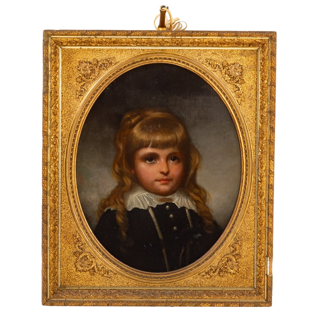 Continental School. Portrait of a Girl, oil: (19th century) Oil on canvas, unsigned, in frame-mounted picture light, oval sight size: 19 x 15 in., framed size: 20 1/2 x 25 in.