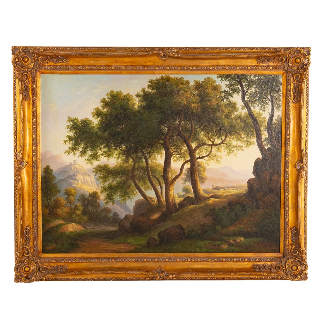 Mario Daly. Luminous Pastoral Scene, oil: (20th century) Oil on canvas, signed "Mario Daly" lr, studio stamp on verso, sight size: 35 1/4 x 48 in., framed size: 47 x 58 in.
