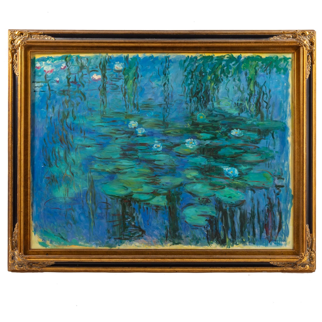 Artist Unknown. Water Lilies, oil: (20th century) Oil on canvas, unsigned, 36 x 48 in., framed size: 44 x 56 in.