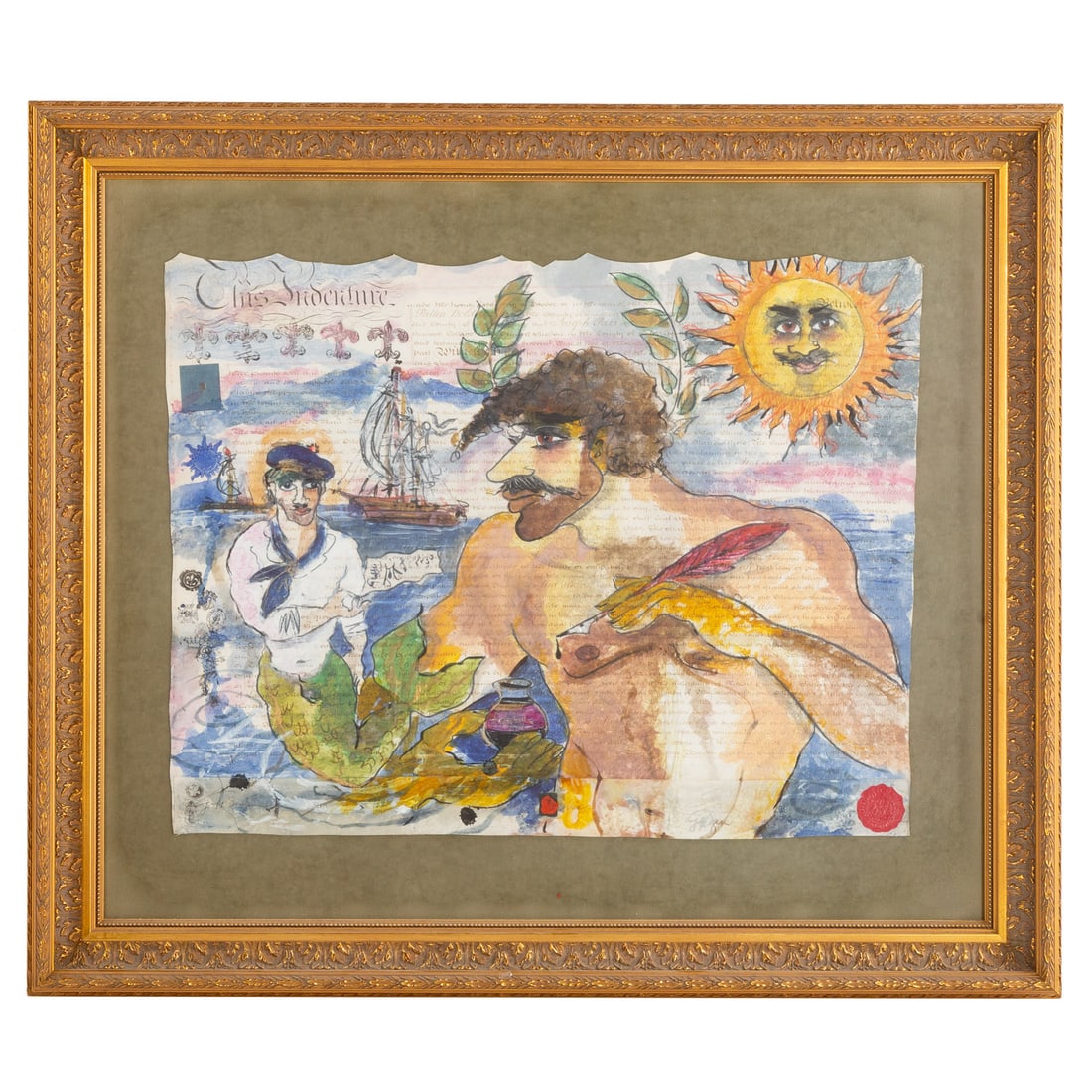 20th Century. Allegorical Collage, mixed media: (20th century) Mixed-media on paper framed under glass, signed illegibly ll and lr, sight size: 28 1/2 x 33 3/4 in., framed size: 34 1/2 x 41 in.