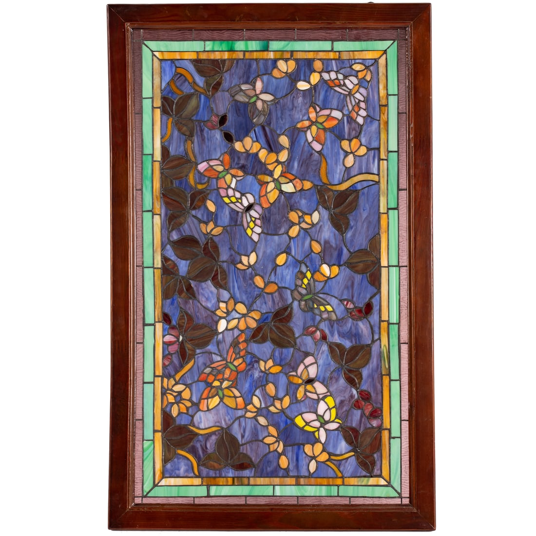 Modern Stained Glass Panel with Butterflies: Leaded stained glass, framed with hanging hardware, framed size: 37 x 22 3/4 in.