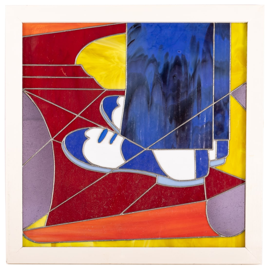 20th Century. Stepping Out, stained glass: Stained glass panel, unsigned, framed size: 27 1/4 x 27 1/4 in.