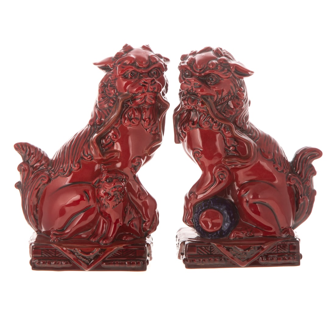 A Pair of Royal Doulton Flambe Qinghai Foo Dog: Models BA34/BA35, edition 126/250, size of tallest: 7 1/4 in. H