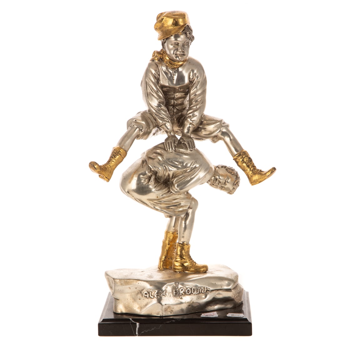 Alex Browns. Leapfrog, sculpture: Silvered and gold-painted, depicting two boys playing leap frog, signed "Alex Browns" on the front, on a marble base, 19 in. H overall