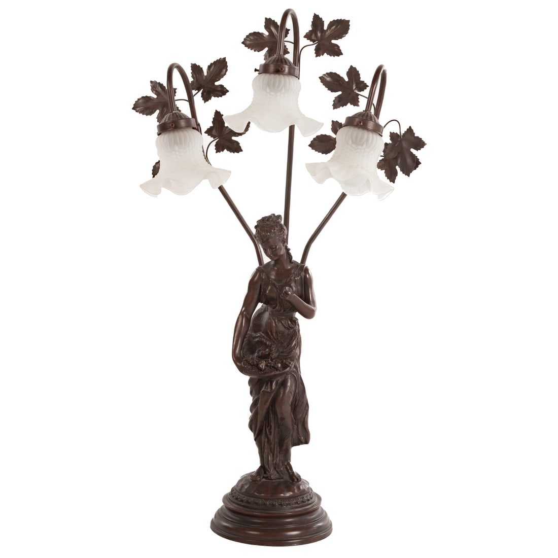 Art Nouveau Style Three Light Lamp: In the style of Louis August Moreau, heavy polymer casting covered in dark chocolate-brown bronze patina, featuring a woman in classical dress holding a basket of fruit with outstretched hand, from