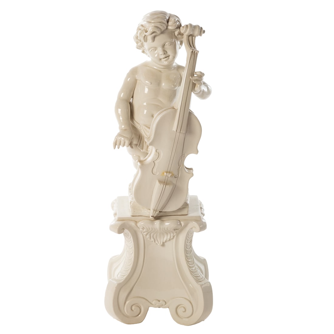 Italian Ceramic Classical Figure on a Pedestal: 20th century, modeled as a putto with a cello, on a separate pedestal base, figure is 24 in. H, pedestal is 14 in. H