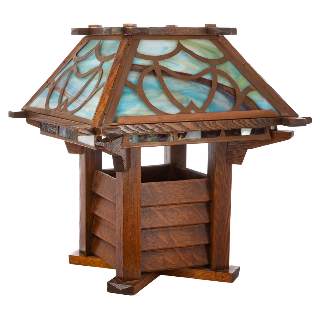 Arts & Crafts Style Oak and Slag Glass Table Lamp (1 of 4)