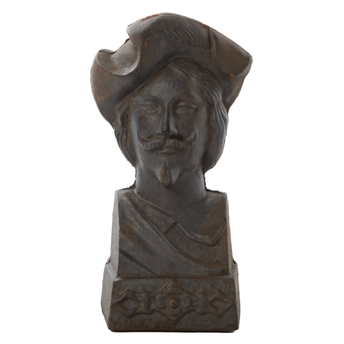 Cast Iron Garden Bust of a Cavalier: 15 1/2 in. H, 6 1/2 in. W, 6 in. D