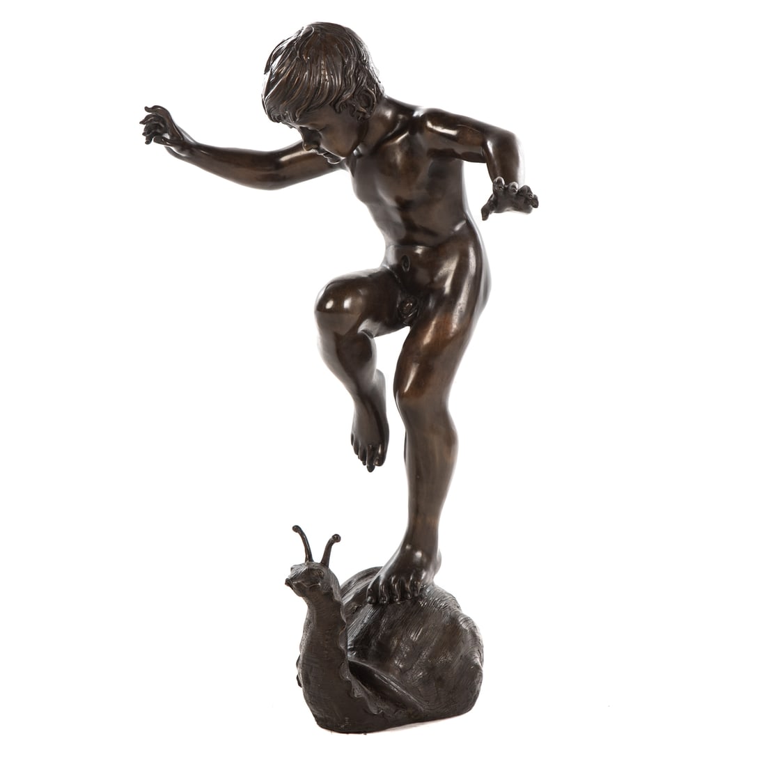After Giovanni Cappelletti. Boy on the Snail, bronze: After Giovanni Cappelletti (Italian, 1889-1964) 20th century cast bronze with mottled brown patina, 28 1/4 in. H