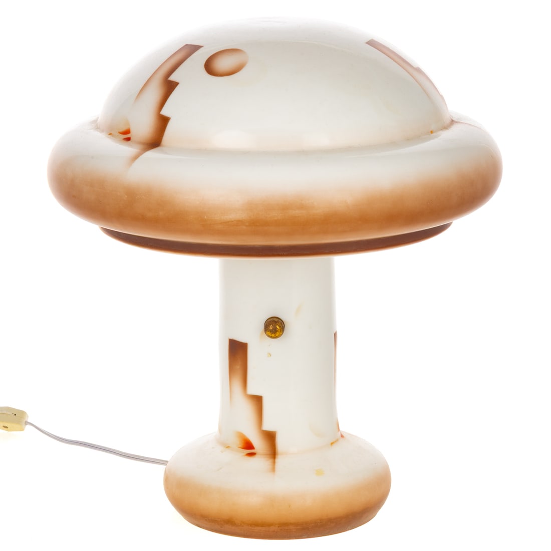 Art Deco Enameled Milk Glass Mushroom Lamp: First half 20th century, with replaced electrical, probably Bohemian, continuous molded form, worn sticker label under shade, 15 1/2 in. H