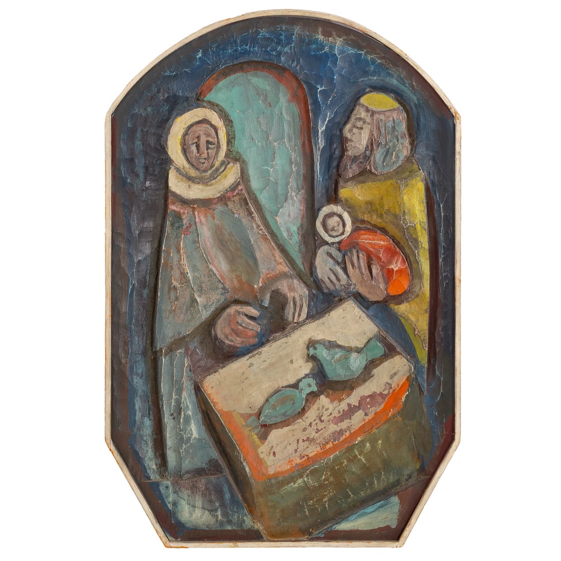 Joan Caryl. The Presentation, Maine jackpine: (20th century) Carved and painted Maine jackpine, framed, 22 1/2 in. H, 14 3/4 in. W; overall measurements are 23 1/8 in. H, 15 3/8 in. W, 2 1/8 in. D