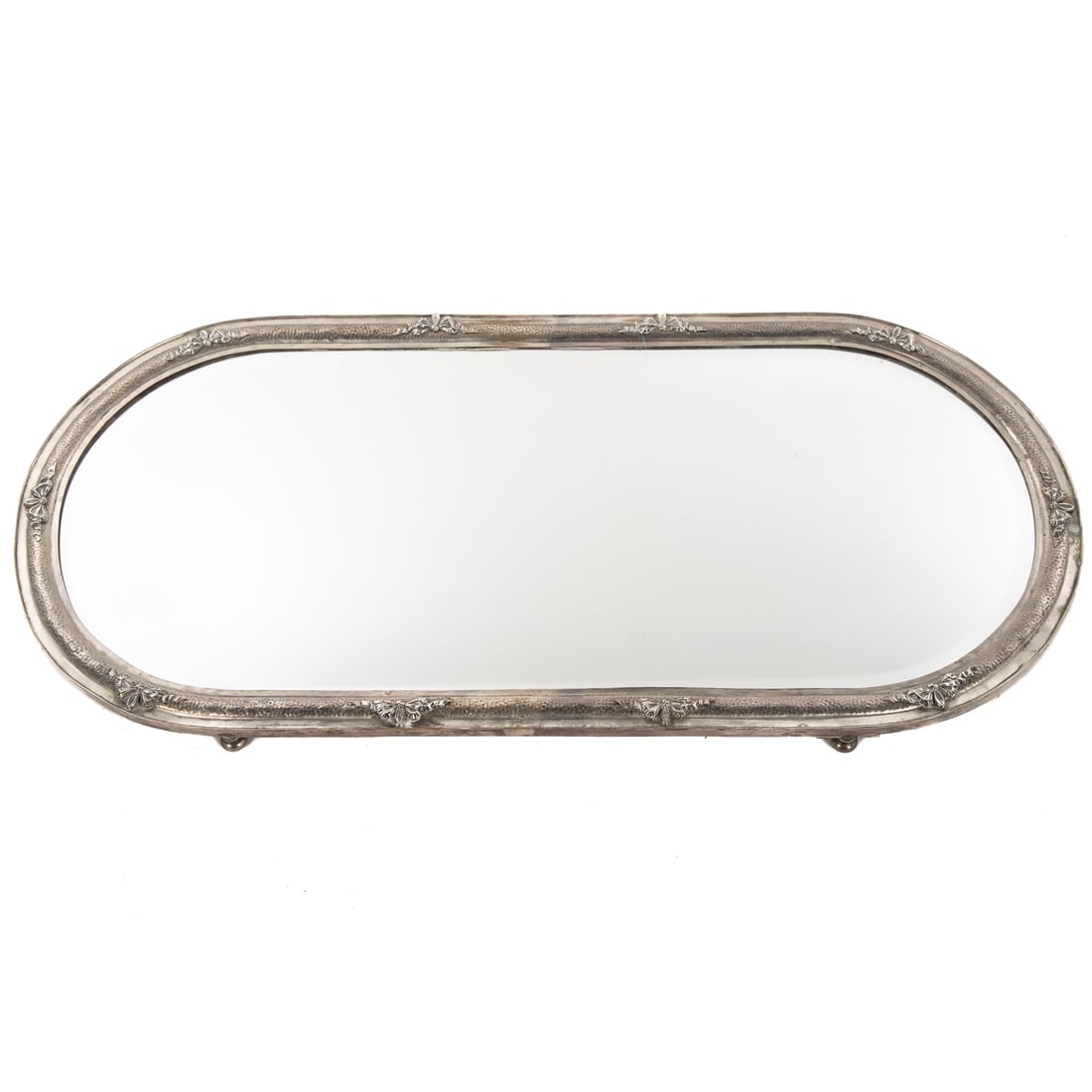 Portuguese Silver Plated-Mounted Mirror Plateau: Stamped "Made in Portugal," large oval, with a textured band featuring ribbons, raised on four feet, 1 5/8 in. H, 40 1/8 in. W, 18 3/4 in. D