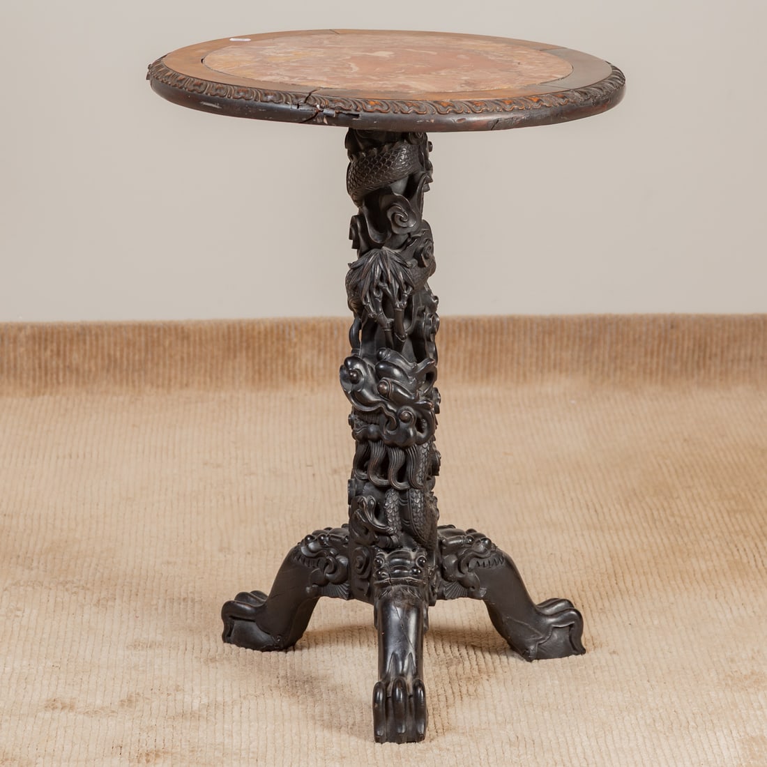 Chinese Carved Hardwood & Marble Top Side Table (1 of 2)