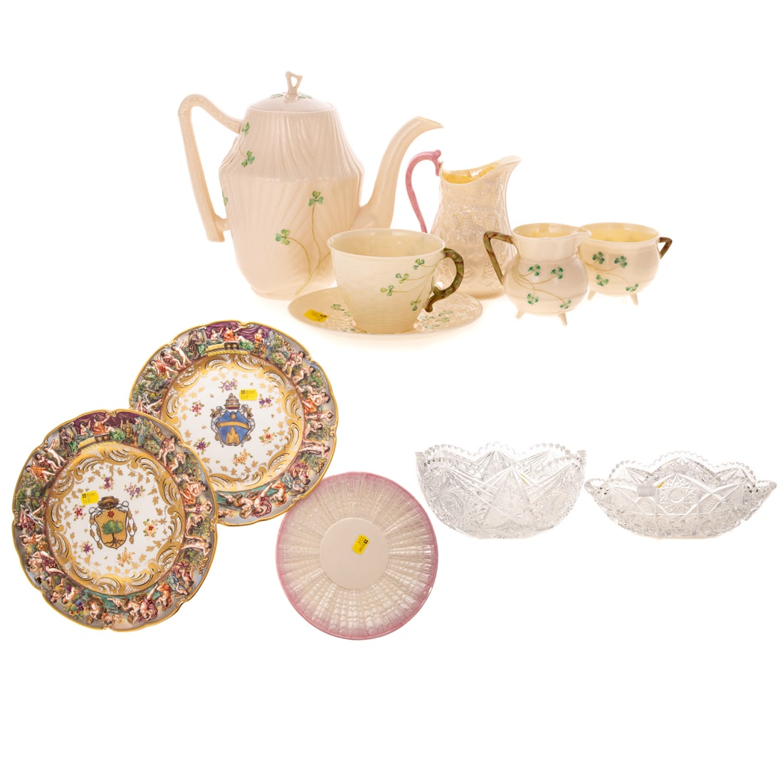 Collection of Porcelain & Cut Crystal: Including: two Capodimonte armorial cabinet plates, 11 3/8 in. Diam.; two cut-crystal dishes, largest is 4 1/2 in. H, 9 in. Diam.; and seven pieces of Belleek - coffee pot, creamer, sugar, cup and